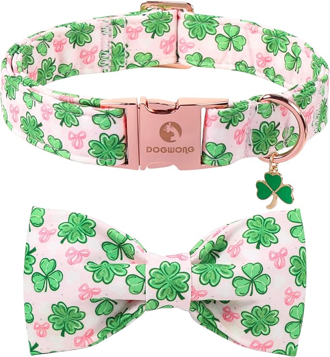 DOGWONG St. Patrick's Day Shamrock Dog Collar with Bow,Pink Green Four Leaf Clover Pattern Dog Collar, Adjustable Durable Soft Collars Irish Gift for Male Female Dogs,M