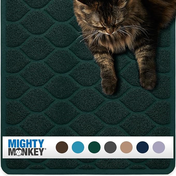MIGHTY MONKEY Waterproof BPA Free Cat Litter Box Trapping Mat, Easy Clean Floors, Textured Backing, Soft on Sensitive Kitty Paws, Cats Accessories, Less Waste, Stays in Place, 24x17, Hunter Green