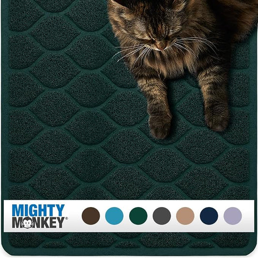 MIGHTY MONKEY Waterproof BPA Free Cat Litter Box Trapping Mat, Easy Clean Floors, Textured Backing, Soft on Sensitive Kitty Paws, Cats Accessories, Less Waste, Stays in Place, 35x23, Hunter Green