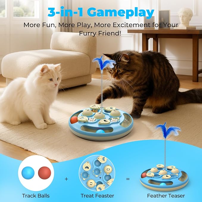 3 in 1 Cat Treat Puzzle Feeder, Level 3 Interactive Cat Puzzle Toy with Track Balls, Feather Teaser & Slow Feeder Insert, Non-Slip Base, Mental Stimulation for Bored Indoor Cats, Blue