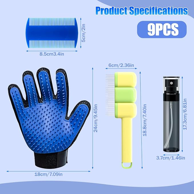 9 PCS Pet Grooming Brush Set,Self Cleaning Pet Hair Removal Comb,Pet Hair Remover Gloves,Spray Bottle, Lice Flea Combs, Pet Grooming Supplies,Essential Bathing,Brushing & Shedding Tool for Cats & Dogs