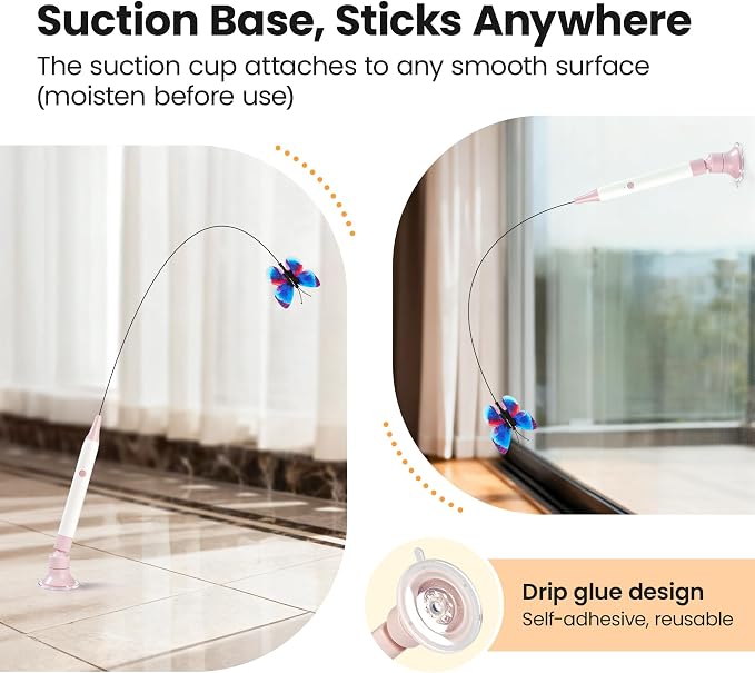 Potaroma Interactive Spinning Butterfly Cat Toy Wand – Rechargebale Electric Touch Activated Cat Teaser with Suction Cup Self-Play & Handheld Mode for Indoor Kittens, Durable Automatic Play Toy