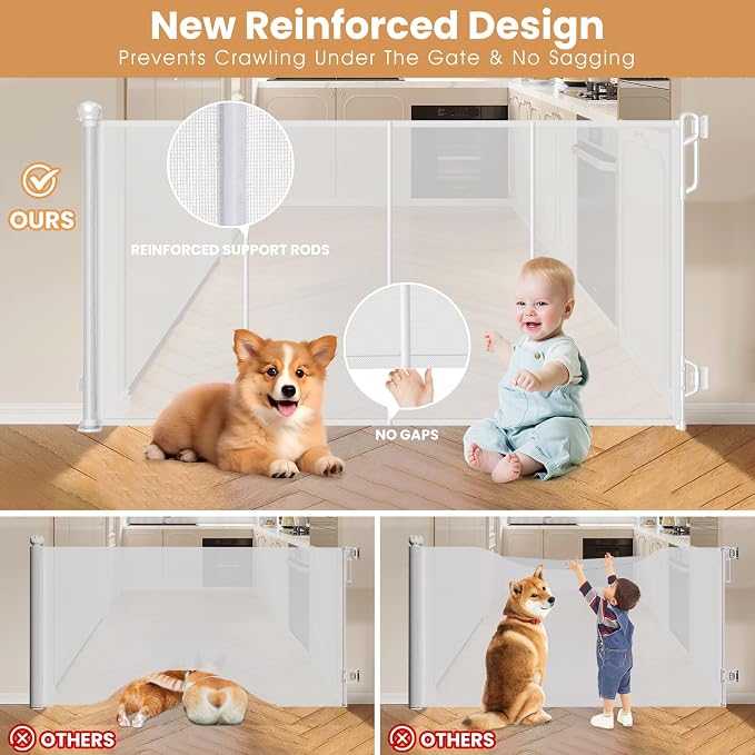 Spaceany Reinforced Retractable Baby Gate or Mesh Dog Gate,Easy to Use for Stairs, Doorways, Hallways, Indoor, Outdoor, Wide Pet Gate 33.5" Tall, Extends to 45" Wide, White