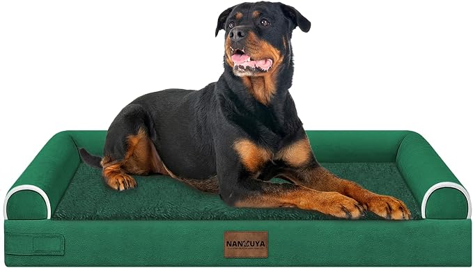 NANUYA Orthopedic Dog Bed for XX-Large Dogs, 44 x 34 Inch, Emerald | Egg crate foam for joint support, 3-sided bolster pet sofa, waterproof lining, washable cover, and non-skid base