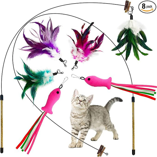 Cat Wand Toy, Cat Feather Toys with Silvervine & Bells, 2 * Teaser Wand & 6 * Teaser Refills, Extra Long 38.5" Wire Wand, Toy for Indoor Cats & Kitten & Kitty