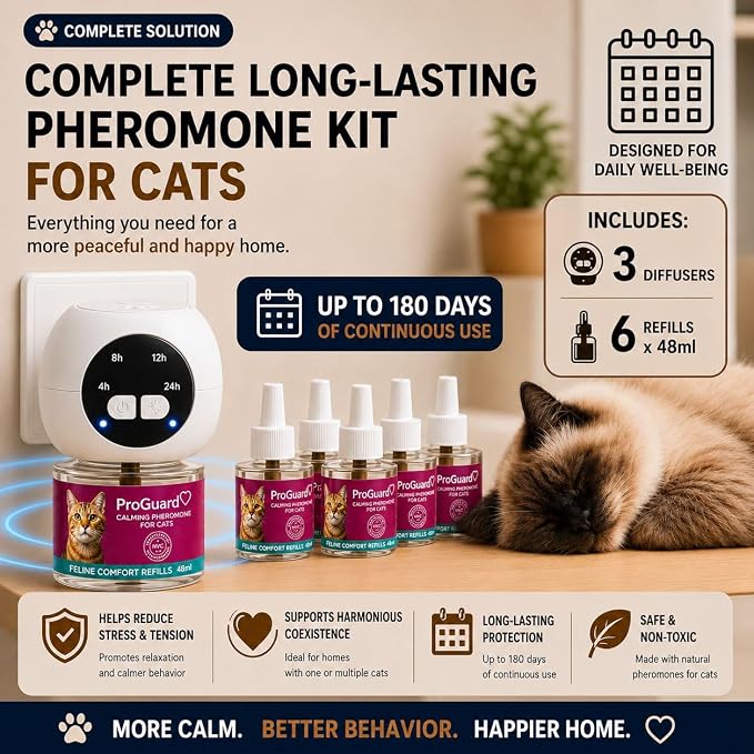 ProGuard® Cat Calming Diffuser Kit with Timer – Advanced Support to Reduce Stress, Spraying, Scratching, Fighting and Hiding – Cat Pheromone Diffuser 9-in-1 with 3 Diffusers with Timer + 6 Refills
