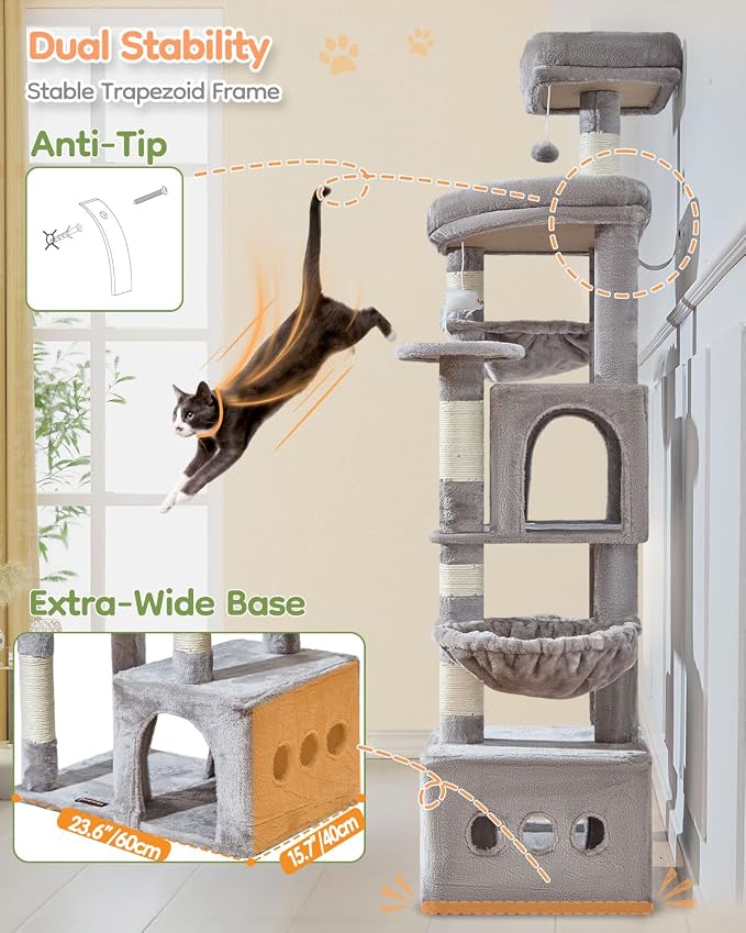Taoqimiao 71in Cat Tree, Heavy Duty Large Cat Tower for Indoor Cats MS050W | Extra Wide Sturdy Base, Tall Multi-level, 7 Sisal Scratching Posts, 2 Houses, 2-Post Supported Baskets, 2 Perches, Light Gray