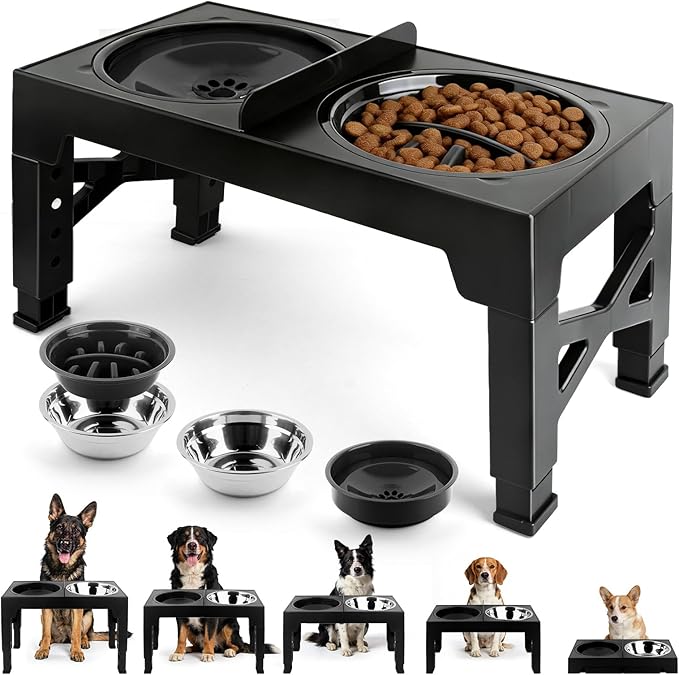 4-in-1 Elevated Dog Bowl Stand with Slow Feeder, 5 Adjustable Heights | Spill-Proof Water Dish, 2 Stainless Steel Bowls, Anti-Mix Divider, Foldable Non-Slip EVA Base, For Small to Large Dogs