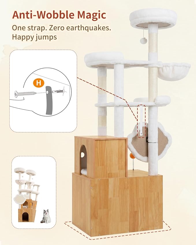 Heybly Cat Tree with Litter Box Enclosure, Modern 64" Hidden Tower HCT105WB | All-in-One Solid Wood Cat Condo for Indoor Cats with Paw-Shaped Board, Multi-Level Perch & Playzone, Walnut