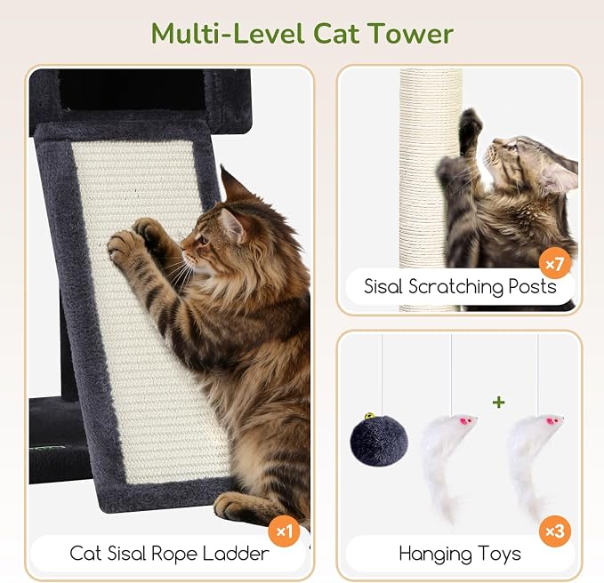 Globlazer F83C Pro Max Heavy Duty Maine Coon Cat Tree, 83in Tall Tower | Easy Assembly, Large Cats, 2 Condos, 3 Hanging Baskets, 2 Perches, 7 Sisal Scratching Posts, Anti-Topple Strap, Dark Grey