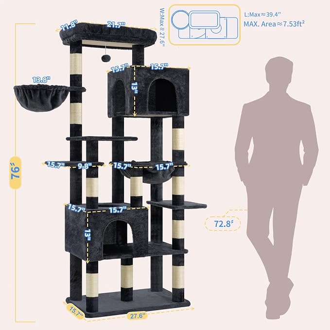 Heybly Cat Tree, 76-Inch Tall Heavy Duty Cat Tower for Big Cats HCT039G | Multi-Level Large Cat Furniture with Extra Wide Baseboard, 2 Condos & 2 Hammocks, 10 Scratching Posts, Smoky Gray