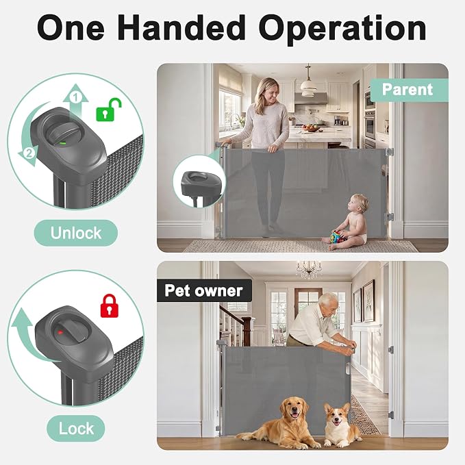 Retractable Dog Gate for Doorways, Indoor/Outdoor Safety Mesh Baby Gates for Stairs, 33" Tall Expands Up To 60" Width, Space-Saving&One Handed Operation Puertas Para Bebes for Hallways, Decks, Porches