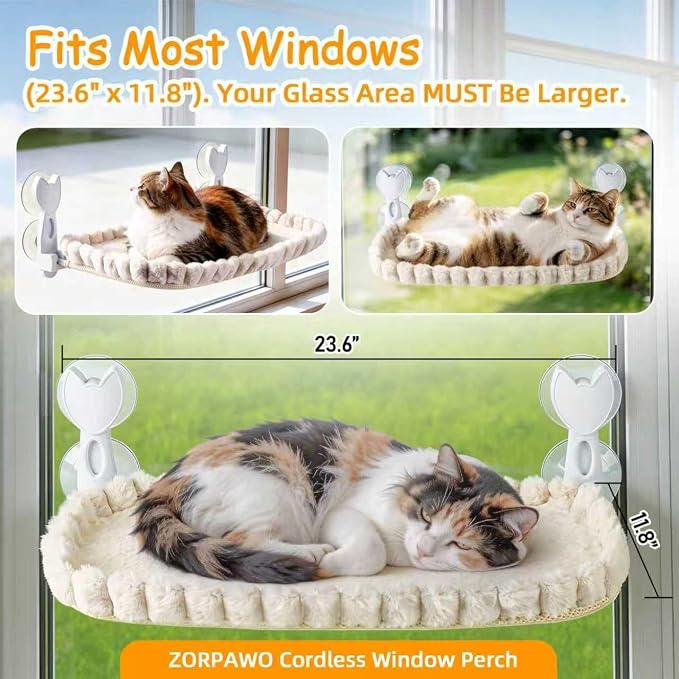 Cat Window Perch - Beige Cordless Foldable Cat Window Hammock for Large Cats, Sturdy Metal Frame Hanging Cat Bed, 40 lbs Capacity