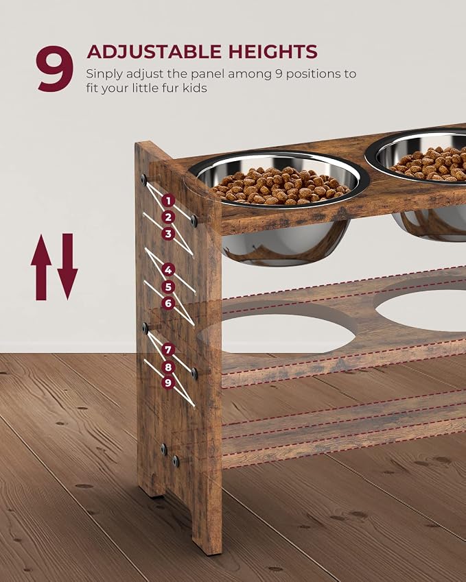 Elevated Dog Bowls, Adjustable Bowl Stand Medium, Rustic Brown | Particle Board Raised Dog Bowl Stand with 2 Stainless Steel Bowls for Medium Dogs