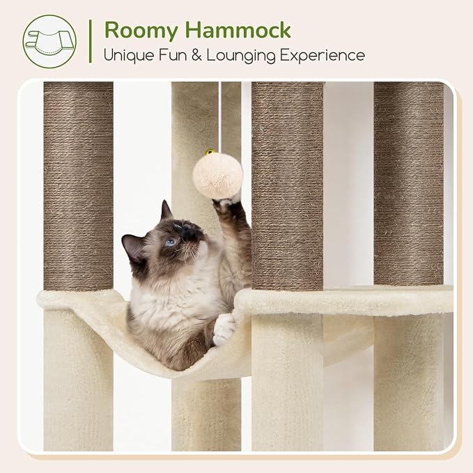 Globlazer F65D Corner Cat Tree Tower with Scratching Posts, Beige | 65in Multi-Level Large Cat Scratching Tower with Hammock, 6 Scratching Posts, Basket and 2 Perches for Indoor Multiple Cats