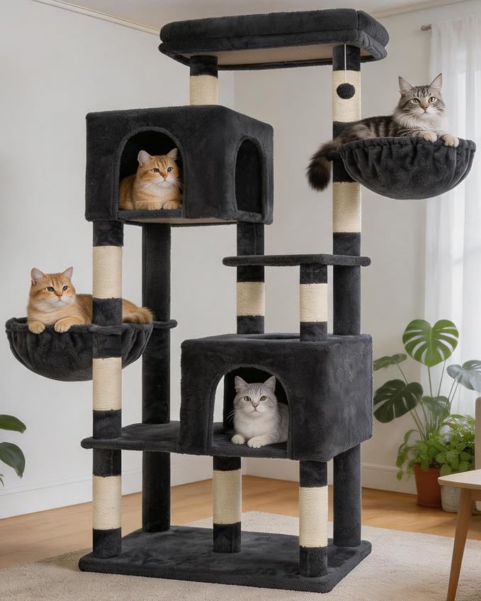 Heybly 68.1" Cat Tree with Oversized Top Platform & Wide Base HCT059G | Heavy Duty Cat Tower for Large Indoor Cats with 2 Condos, 2 Hammocks, 10 Sisal Scratching Posts, Stable Cat House, Smoky Gray