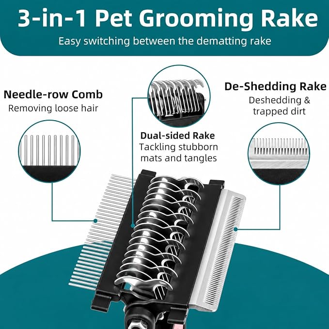 3-IN-1 Pet Grooming Tool - Undercoat Rake, Dematting Comb & Deshedding Brush for Cats, Dogs, Horses - Removes Mats, Tangles & Loose Fur, Reduces Shedding & Prevents Hair Mess (Green)