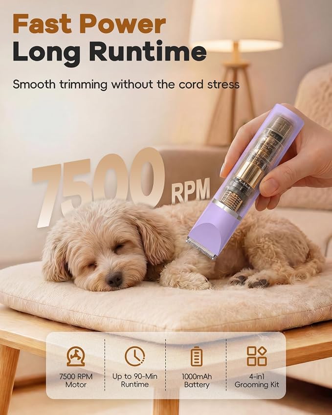 Veeconn 4 in 1 Dog Clippers Grooming Kit with Paw Hair Trimmer for Cat Pet | Low Noise, 7500RPM Powerful, IPX7 Waterproof, Safe & Easy for Beginners, 4 Guide Combs, Cordless Dog Nail Grinder(Purple)