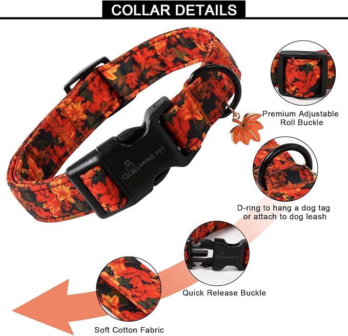 ARING PET Fall Dog Collar, Cute Autumn Orange Maple Leaf Pet Collars for Puppy Small Medium Large Girl Boy Dogs-L Size