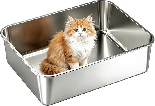 Stainless Steel Litter Pan Open Top Low Entry Easy Cleaning Anti-Urine Leakage Non-Sticky Odor Free Metal Litter Box