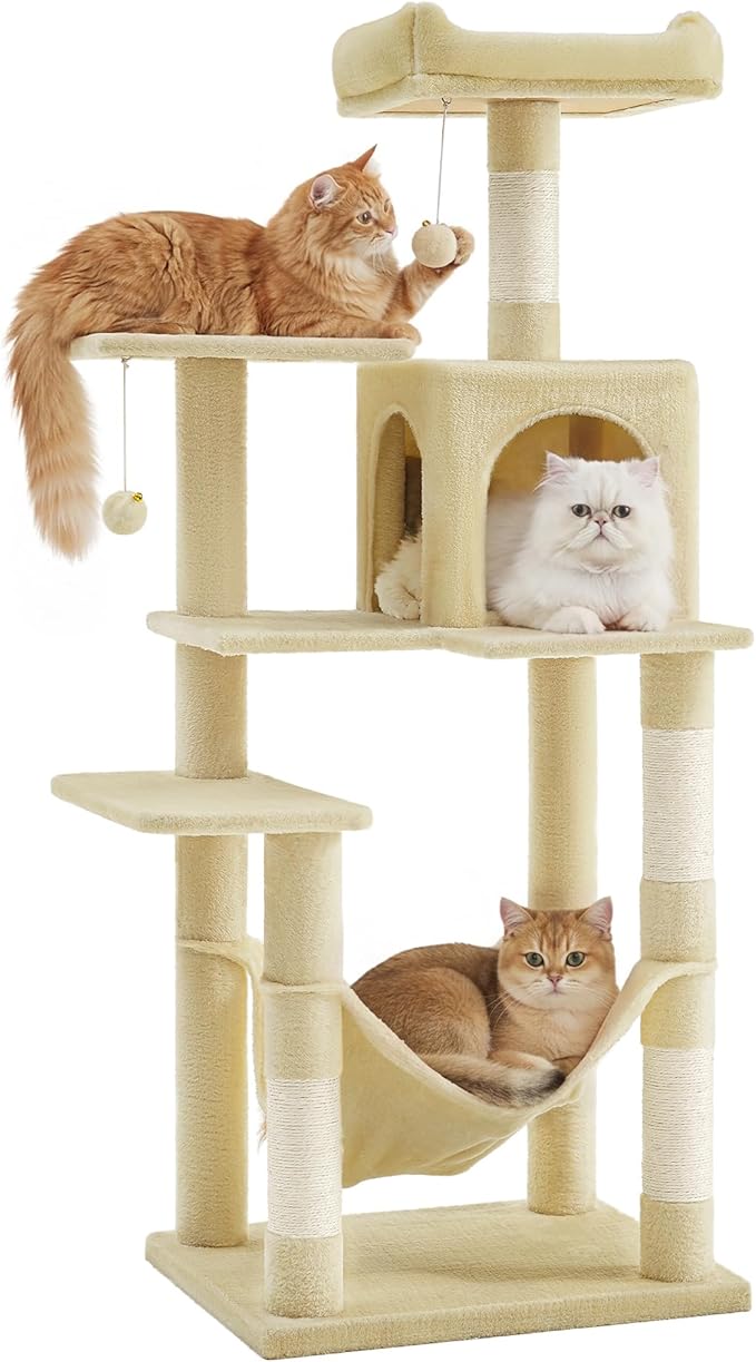SONGMICS HOME Cat Tree for Indoor Cats, Multi-Level Cat Tower with Sisal Scratching Posts, Hammock and Condo, Beige