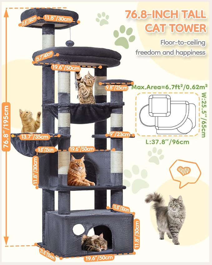 Taoqimiao 76.8in Cat Tree, Heavy Duty Tall Cat Tower for Large Cats F40G | Easy Climbing, Extra Large Sturdy Base, Multi-level Tower, 7 Scratching Posts, Large Hammock, 2 Houses, 2 Perches