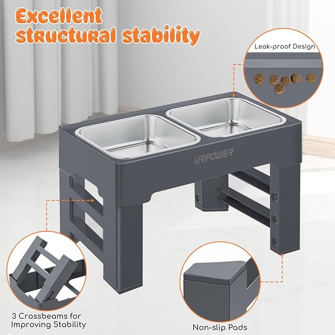 URPOWER Raised Dog Bowls 4 Height Adjustable Elevated Bowl Stand | Stainless Steel Water Bowl Non-Slip Dog Food Bowls Stand for Small Medium Large Dogs and Pets