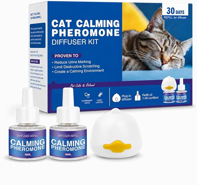 Cat Calming Diffuser Kit, Cat Pheromone Diffuser with 2 Liquid Refills, Plug In Calming Diffuser for Indoor Cats, Helps Create a Comfortable Home Environment for Multi Cat Households, 60 Day Supply