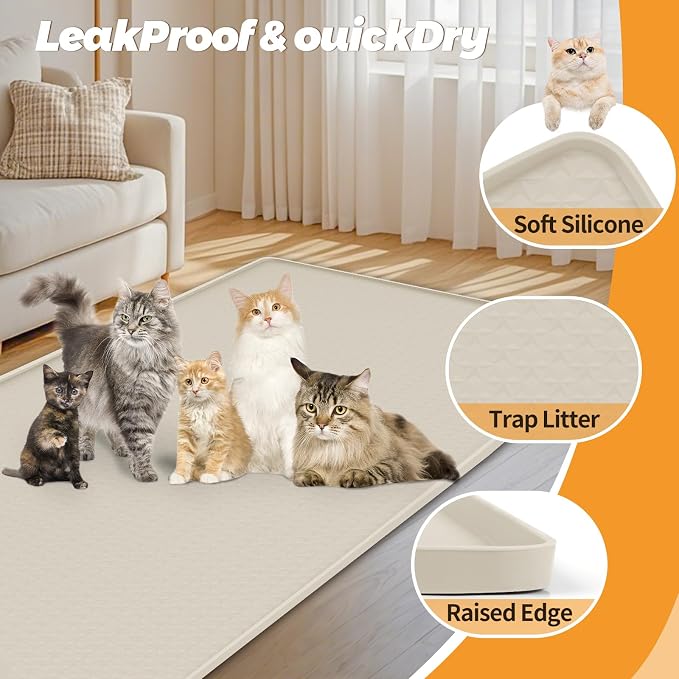 Cat Litter Mat for Litter Box 51"x25.6" Extra Large Silicone Mat, Beige | Waterproof Non-Slip Litter Box Mat with Raised Edges, Cat Litter Trapping Mat for Pet, Cat Litter Rug for Floor
