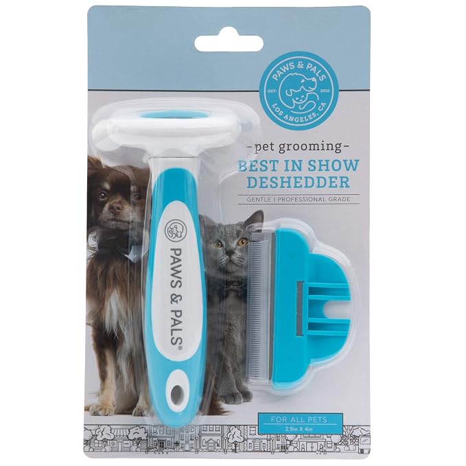 Paws & Pals Dog Brush - Gentle Soft Hair Rake Trimming Comb - Best for Shedding Dogs-Cats, Thick Long Short Haired Pet, Coat Grooming & Cat Hair Fur Removal - Self Cleaning - Deshedding Supplies