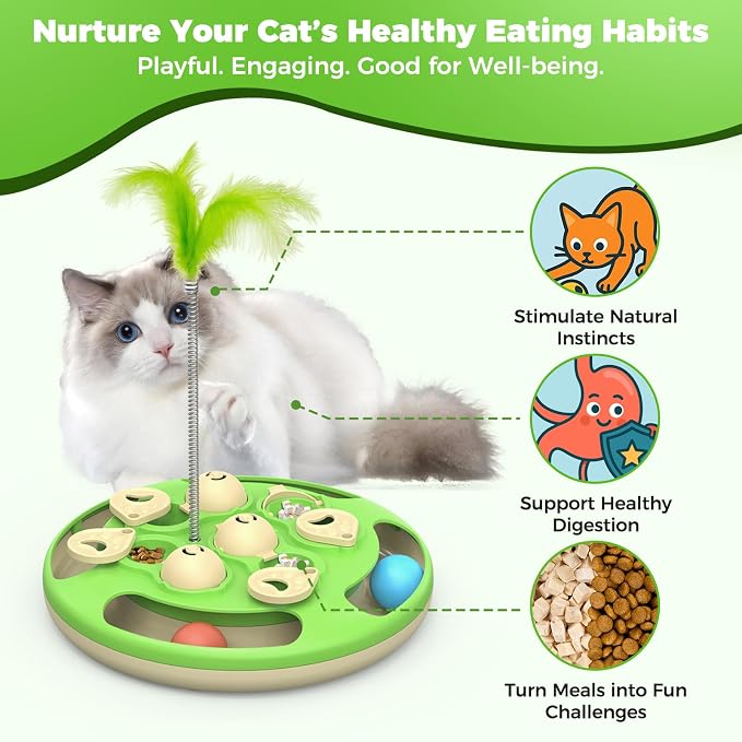 3 in 1 Cat Treat Puzzle Feeder, Level 3 Interactive Cat Puzzle Toy with Track Balls, Feather Teaser & Slow Feeder Insert, Non-Slip Base, Mental Stimulation for Bored Indoor Cats, Green