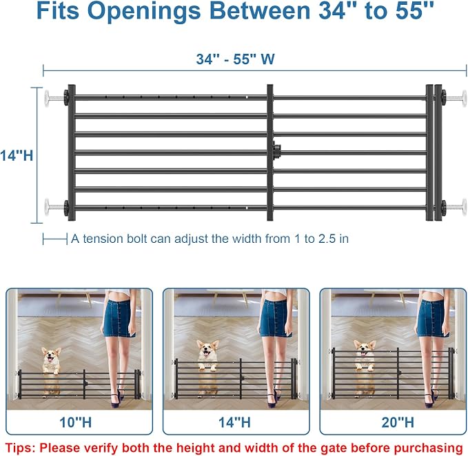 Malier Indoor Dog Gate with Door, 34-55" Extra Wide Full Metal Pet Gate Short Dog Gate for Stairs, Pressure Mount 14'' Tall Small Puppy Low Gate Easy Step Over for Doorways