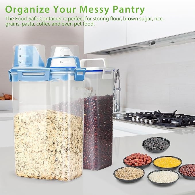Viretec Rice Airtight Storage Container, 3 to 5Lbs Cereal Dry Food Flour Bin, Pet Dog Cat Food Dispenser with Measuring Cup, BPA Free Clear Plastic Kitchen and Pantry Organization Bin for Sugar, Pasta