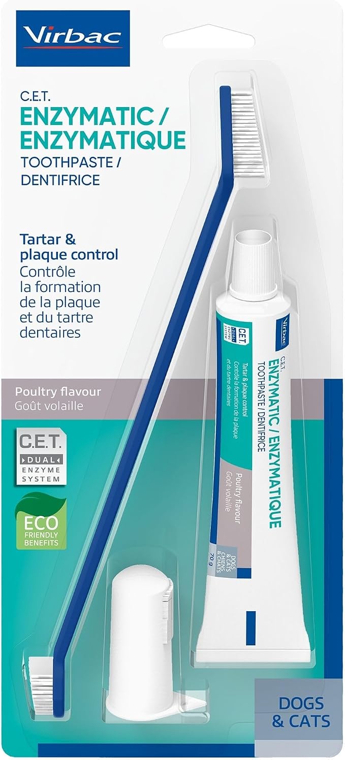 Virbac C.E.T.® Oral Hygiene Kit for Dogs | Poultry-flavor Toothpaste | Fingerbrush and Pet Toothbrush