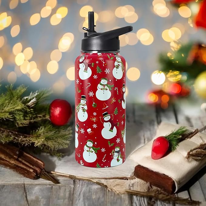 32oz Christmas Snowman Insulated Aater Water Bottle with Straw,Christmas Gym Hiking Sports Coffee Mug Cup Water Bottles,Christmas Gifts for Women,Christmas Decor Stuff Accessories