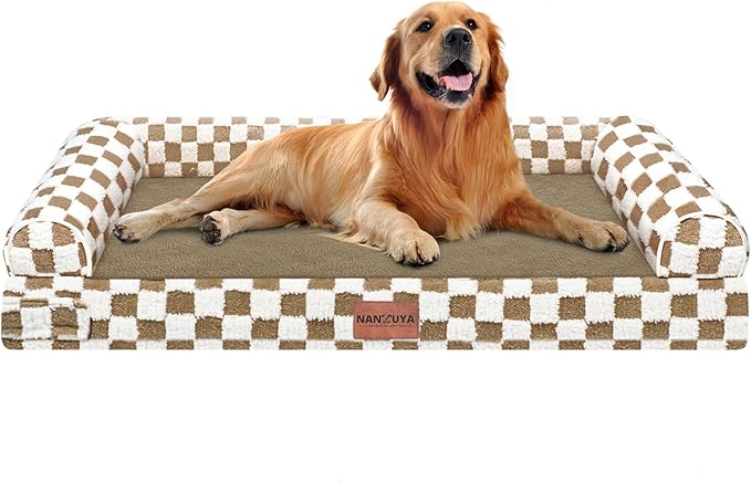 NANUYA Orthopedic Dog Bed for X-Large Dogs, 40 x 32 Inch, Brown Grid | Egg crate foam for joint support, 3-sided bolster pet sofa, waterproof lining, washable cover, and non-skid base