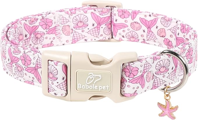 Girl Dog Collar, Summer Pink Mermaid Dog Collars for Medium Dogs - Cute Ocean Themed Pup Collar, Soft Adjustable Female Pet Collars with Quick Release Buckle M