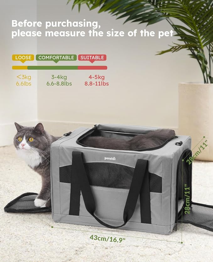 Pecute Cat Carrier Stable, Pet Carrier with Hidden Anxiety Relief Partition & Stable Steel Frame, Safe Cat Carrier for Car Travel, Soft-Sided Dog/Cat Carrier Bag for Pets Up to 11lbs, Gray