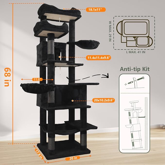 68 Inches Multi-Level Large and Tall Cat Tree Tower for Indoor Cats/Removable Pad/Cat Condo/Sisal Scratching Posts/Hammock/Cat Activity Center/Wide Base Black