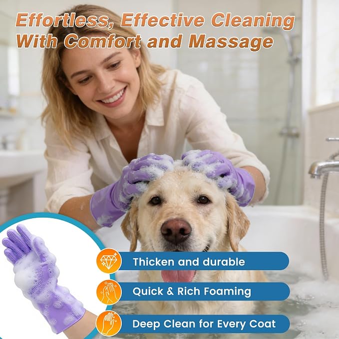 7PCS Pet Grooming Kit for Dogs and Cats | Dog Bath Brush | Washing Gloves | Cleanroom Gloves | Dog Shampoo Brush | Finger Toothbrushes | Storage Bag | All-in-One Pet Care (Purple)