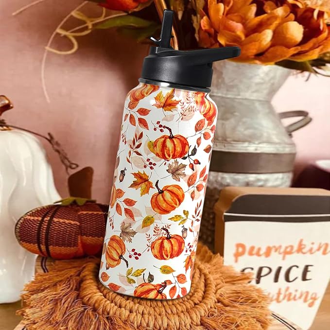 32oz Fall Pumpkin Stainless Insulated Aater Water Bottle with Straw,Autumn Gym Hiking Sports Coffee Mug Cup Water Bottles,Fall Decor Stuff Accessories