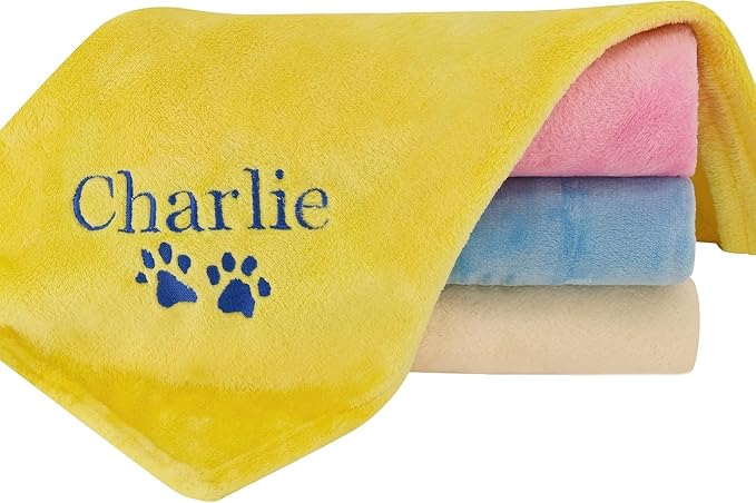 Personalized Passion Dog Blanket with Embroidered Name & Paws - Soft and Cozy for Bed, Couch, Car - Water Resistant Pet Fleece Blanket for Dogs and Cats - Yellow - 28x40 Inches