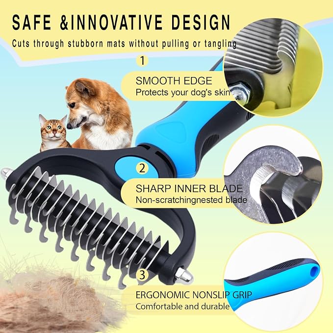 Pet Grooming Rake for Dogs & Cats - Double-Sided Deshedding and Dematting Tool, Gently Remove 95% of Loose Undercoat & Mats for Long-Haired Pets, Painless Fur Brush for Shedding Control (Blue, M)