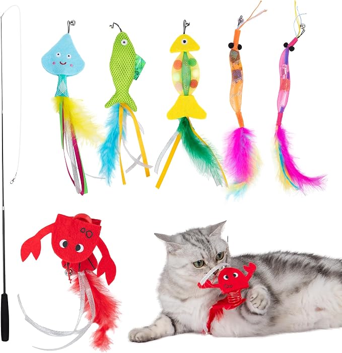 Catify Meow Chase Playset, Retractable Cat Wand Toy with 6 Feather Teaser Cat Toys Attachment, Flexible Cat Teaser Wand for Indoor Cats and Kittens, Cat Fishing Pole Style Toy for Exercise and Bonding