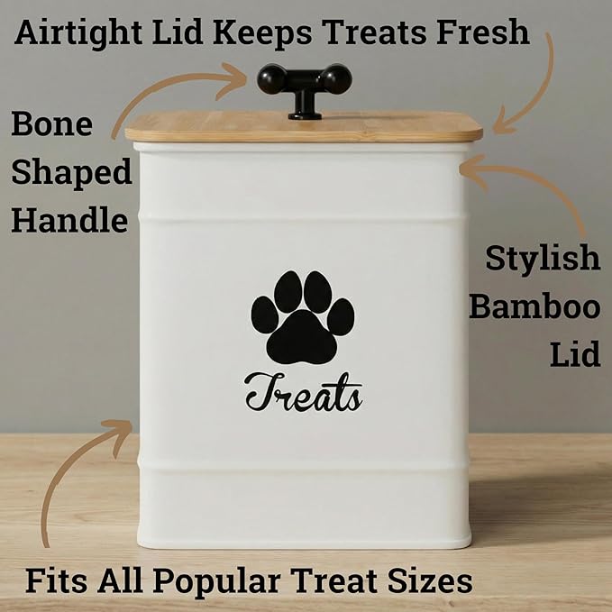 Dog Treat Container Airtight - 6 Inch Wide x 8 Inch Tall Iron Dog Treat Jar for Kitchen Counter with Airtight Bamboo Lid - 12 Cup Capacity Pet Treat Container - Doggie Cookie Jar - Big Treats Canister