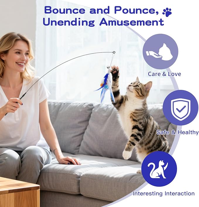 Pawaboo Feather Teaser Cat Toy, Interactive Feather Wand Cats Toy Flying Feathers Cat Catcher with Extra Long 34.5" Wand and Small Bell, Exerciser Playing Toys for Kitten or Cats, Blue