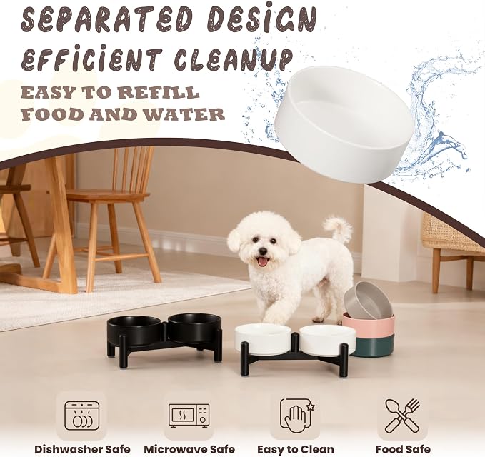 Raised Ceramic Dog Bowl Set - Elevated Double Dishes with Stainless Steel Stand - Food and Water Bowls for Small Dogs and Indoor Cats - Each Holds 1.6 Cups (10.8 fl oz) - Grey