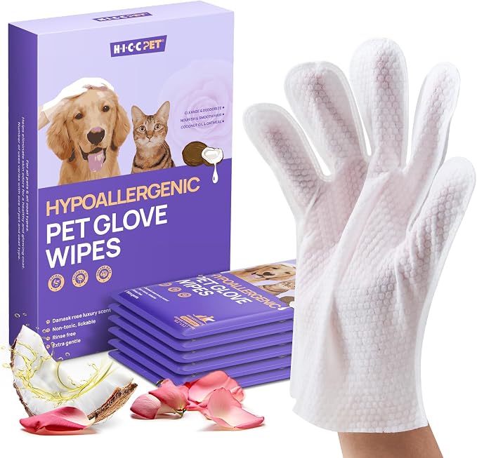 HICC PET Dog Wipes for Dogs & Cats, Individual Glove Packs, 6 Count | Travel-Ready, Head-to-Tail Grooming, No-Rinse Freshening, Plant-Based Formula, Fits Bags & Backpacks, Rose Scent