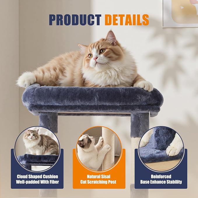 63 Inch Cat Tree Tower with Sisal Scratching Post | Multi-Level Cat Climbing Tower with Hammock, Pet Condo for Indoor Cats and Kittens, Grey
