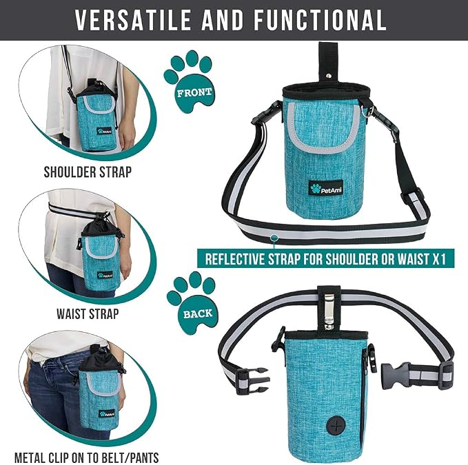 PetAmi Dog Treat Pouch, Large Hands-Free Training Bag, Teal Sea Blue | Built-In Poop Bag Dispenser, Holds 3 Cups Of Treats, 4 Ways to Wear, D-Ring, Reflective Strap, Dog Treat Bag for Walking